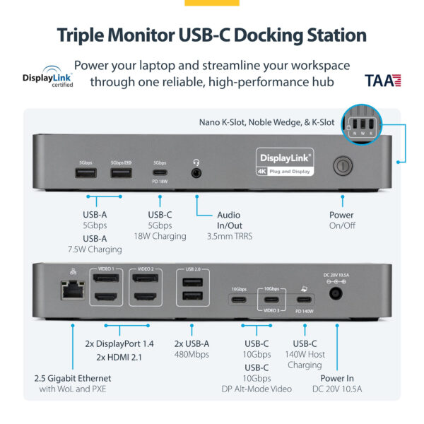 StarTech.com Triple-Monitor USB-C Docking Station, 140W Laptop