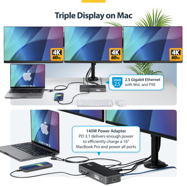 StarTech.com Triple-Monitor USB-C Docking Station, 140W Laptop
