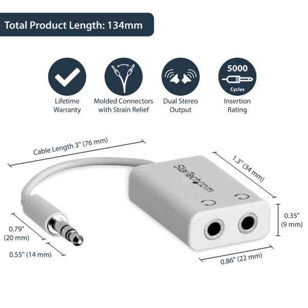 StarTech.com White Slim Mini Jack Headphone Splitter Cable Adapter