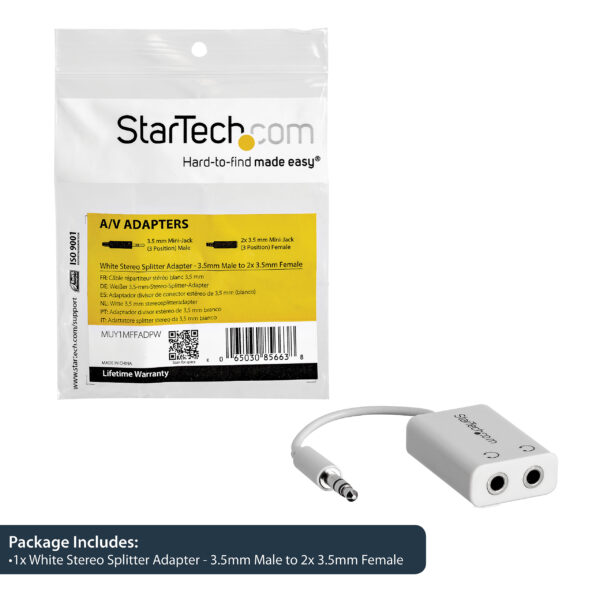 StarTech.com White Slim Mini Jack Headphone Splitter Cable Adapter