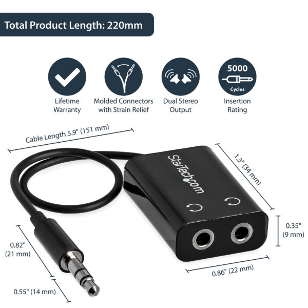 StarTech.com Black Slim Mini Jack Headphone Splitter Cable Adapter
