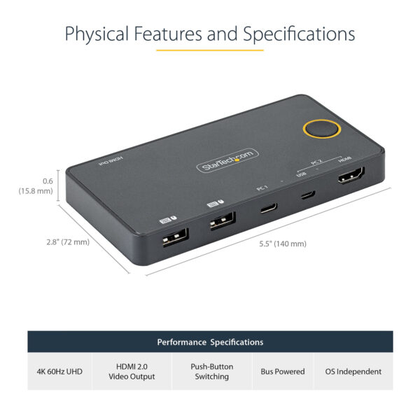StarTech.com 2 Port Hybrid USB-A + HDMI & USB-C KVM Switch - Single StarTech.com 2 Port Hybrid USB-A + HDMI & USB-C KVM Switch - Single