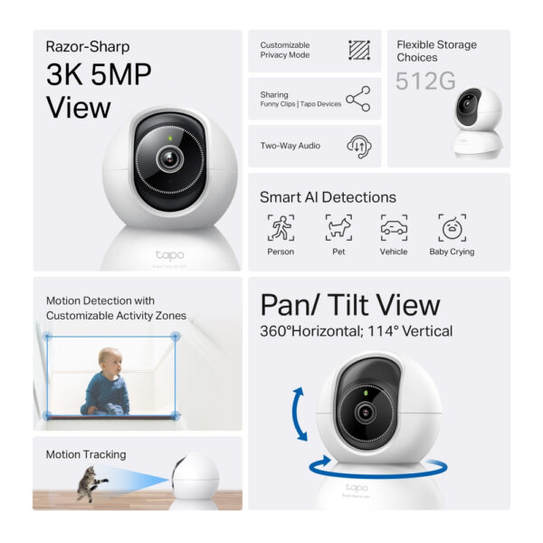 TP-Link Tapo Pan/Tilt AI Home Security Wi-Fi Camera SPEC: 3K 5MP TP-Link Tapo Pan/Tilt AI Home Security Wi-Fi Camera SPEC: 3K 5MP