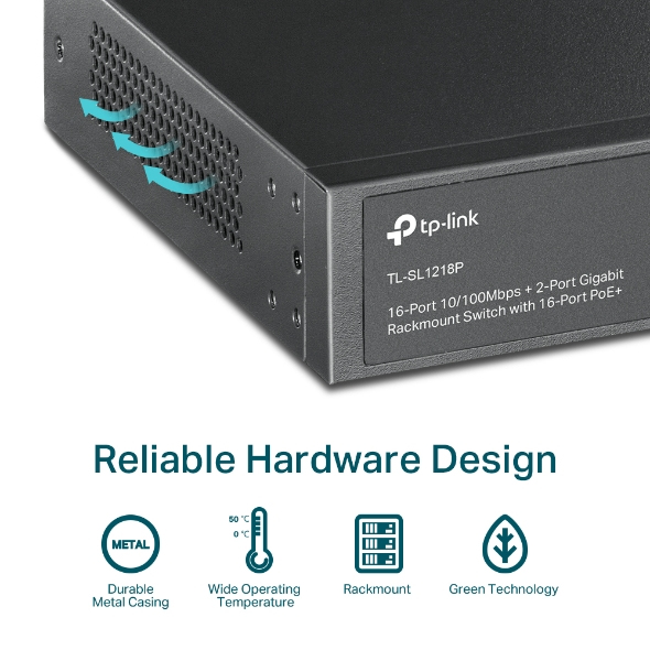 TP-Link 16-Port 10/100 Mbps + 2-Port Gigabit Rackmount PoE Switch TP-Link 16-Port 10/100 Mbps + 2-Port Gigabit Rackmount PoE Switch