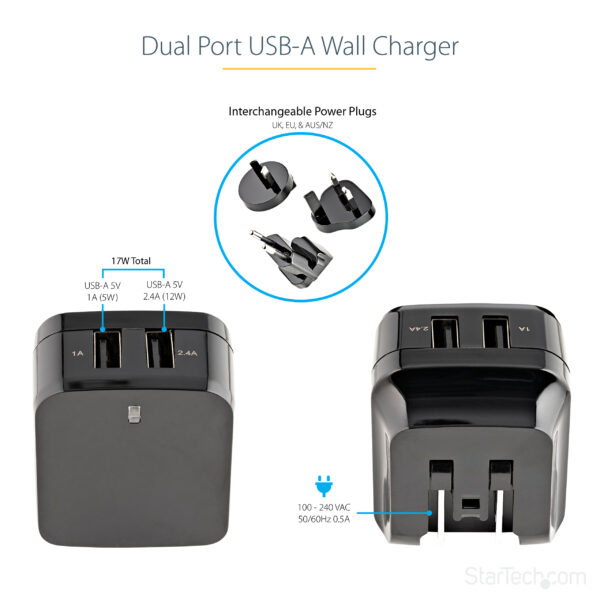 StarTech.com Dual-port USB wall charger - international travel StarTech.com Dual-port USB wall charger - international travel