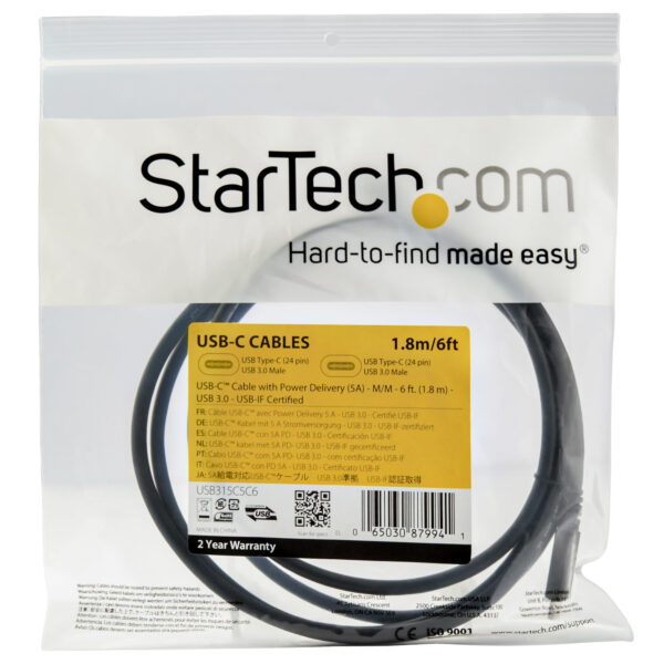 StarTech.com 6 ft (1.8 m) USB C to USB C Cable - 5A, 100W PD 3.0 StarTech.com 6 ft (1.8 m) USB C to USB C Cable - 5A, 100W PD 3.0
