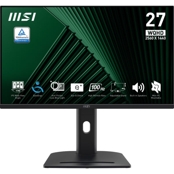 MSI Pro MP275QPG 27 Inch Monitor, QHD (2560 x 1440), 100Hz, IPS, 1ms, 2x HDMI 2.0b, 1x DP 1.2a output, Built-in Speakers, Anti-Glare, Anti-Flicker, Less Blue light, TÜV Certified, VESA, Kensington,...