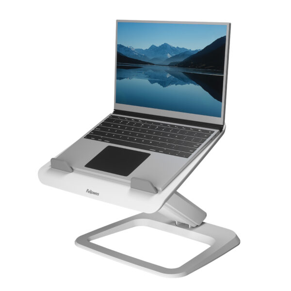 28d012c5ac7bea3b6fe41ea53cee1fdb.jpg Fellowes Laptop Stand for Desk - Hana LT Laptop Stand for the Home and Office - Adjustable Laptop Stand with 3 Height Adjustments - Max Monitor Size 19", Max Weight 4.5KG - White