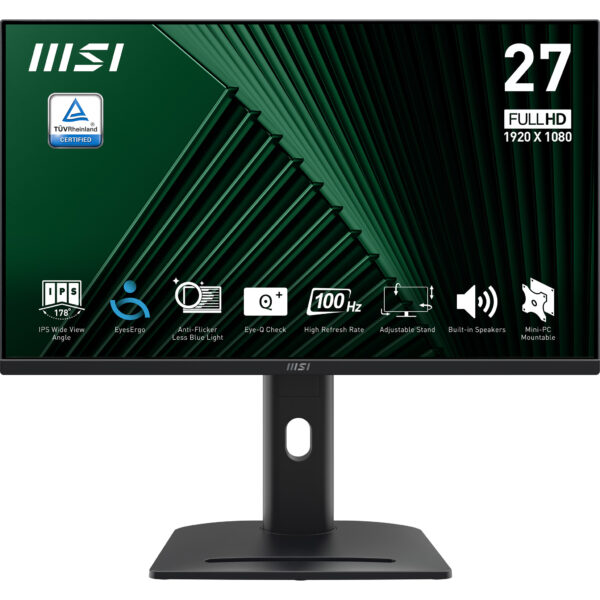 MSI PRO MP275PG 27 Inch Monitor, FHD (1920 x 1080), 100Hz, IPS, 1ms, 1x HDMI 1.4b, 1x DP 1.2a output, 1x D-Sub(VGA), Built-in Speakers, Anti-Glare, Anti-Flicker, Less Blue light, TÜV Certified, VES...