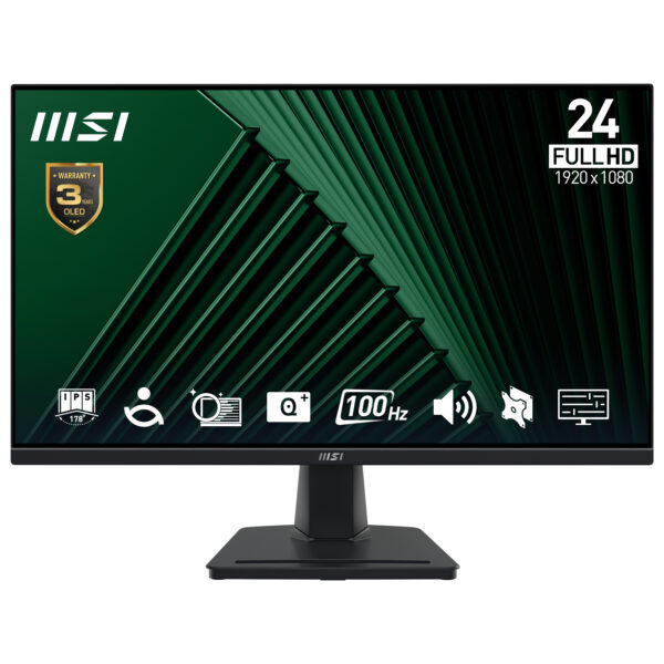 MSI Pro MP245G 24 Inch Monitor, FHD (1920 x 1080), 100Hz, IPS, 1ms, 1x HDMI 1.4b, 1x DP 1.2a output, 1x D-Sub(VGA), Built-in Speakers, Anti-Glare, Anti-Flicker, Less Blue light, TÜV Certified, VESA...