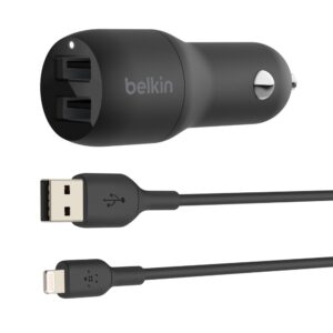 CCD001BT1MBK Belkin BoostCharge Dual USB-A Car Charger 24W with Lightning Cable Black