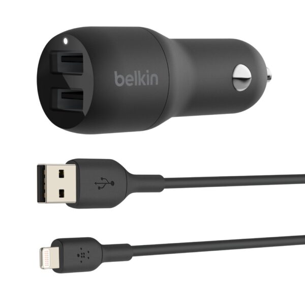 CCD001BT1MBK Belkin BoostCharge Dual USB-A Car Charger 24W with Lightning Cable Black