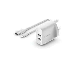 Belkin BoostCharge Dual USB-A Wall Charger 24W + Lightning Cable White