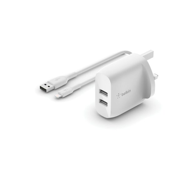 WCD001MY1MWH Belkin BoostCharge Dual USB-A Wall Charger 24W + Lightning Cable White