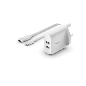 Belkin BoostCharge Dual USB-A Wall Charger 24W + USB-C Cable White