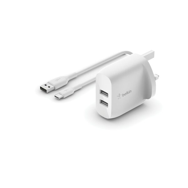 Belkin BoostCharge Dual USB-A Wall Charger 24W + USB-C Cable White