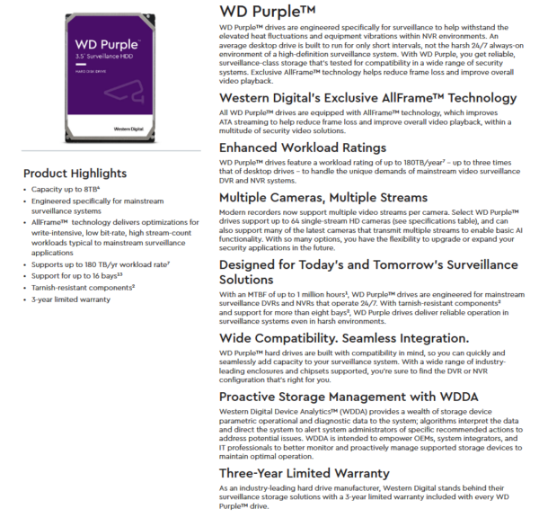 WD PURPLE PRO SMART VIDEO HARD DRIVE