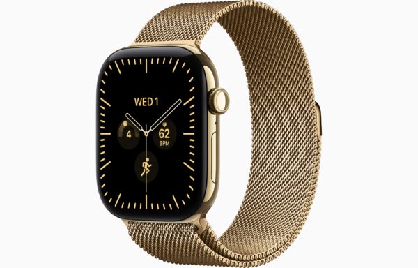 Apple Watch Series 12 GPS + Cellular 46mm Radiant Gold Titanium Case, Radiant Gold Milanese Loop Side view