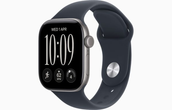 Apple Watch Series 12 GPS + Cellular 42mm Space Grey Aluminium Case, Navy Blue Sport Band Side view
