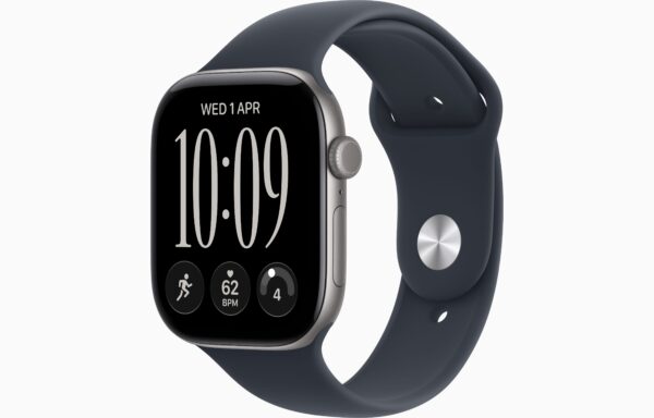 Apple Watch Series 12 GPS + Cellular 46mm Space Grey Aluminium Case, Navy Blue Sport Band Side view