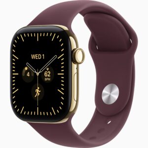 Apple Watch Series 12 GPS + Cellular 42mm Radiant Gold Titanium Case, Burgundy Sport Band Side view