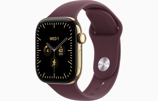 Apple Watch Series 12 GPS + Cellular 42mm Radiant Gold Titanium Case, Burgundy Sport Band Side view