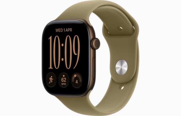 Apple Watch Series 12 GPS + Cellular 46mm Dark Bronze Aluminium Case, Olive Sport Band Side view