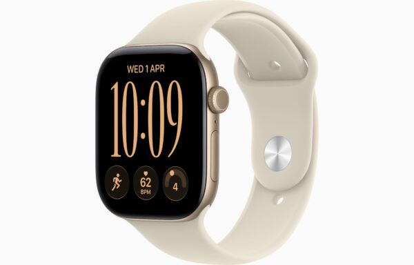 Apple Watch Series 12 GPS + Cellular 46mm Light Gold Aluminium Case, Sand Sport Band Side view