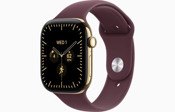 Apple Watch Series 12 GPS + Cellular 46mm Radiant Gold Titanium Case, Burgundy Sport Band Side view