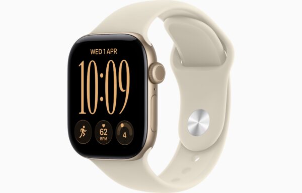 Apple Watch Series 12 GPS + Cellular 42mm Light Gold Aluminium Case, Sand Sport Band Side view