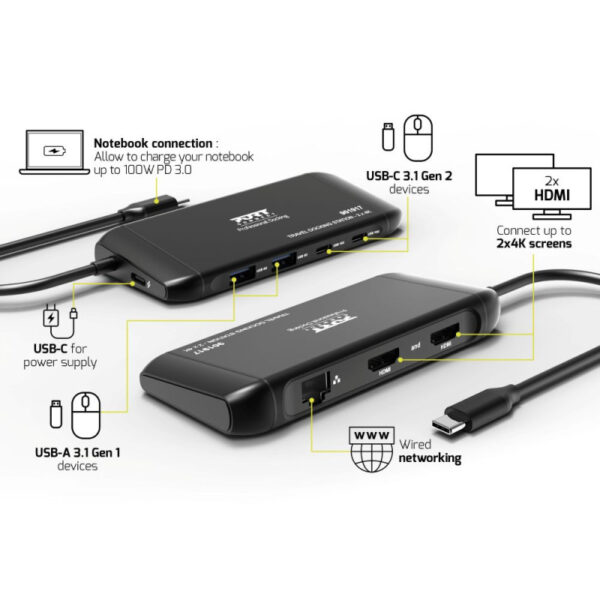 PORT Connect 901917 USB-C Dock - Dual 4K HDMI, 100W PD